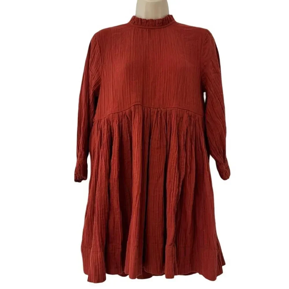 Free People Mini Oversized 3/4 Sleeve Gauze Dress Dark Orange 100% Cotton sz XS